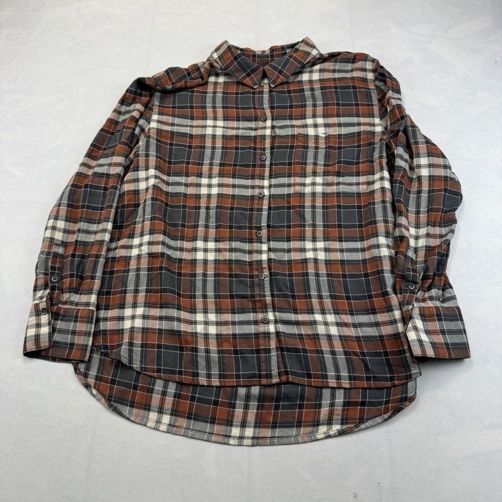 Treasure & Bond Women's L Plaid Button Front Shirt Brown Black Rayon Oversized